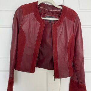 Women's Burgundy Leather & Suede Zip-Front Jacket